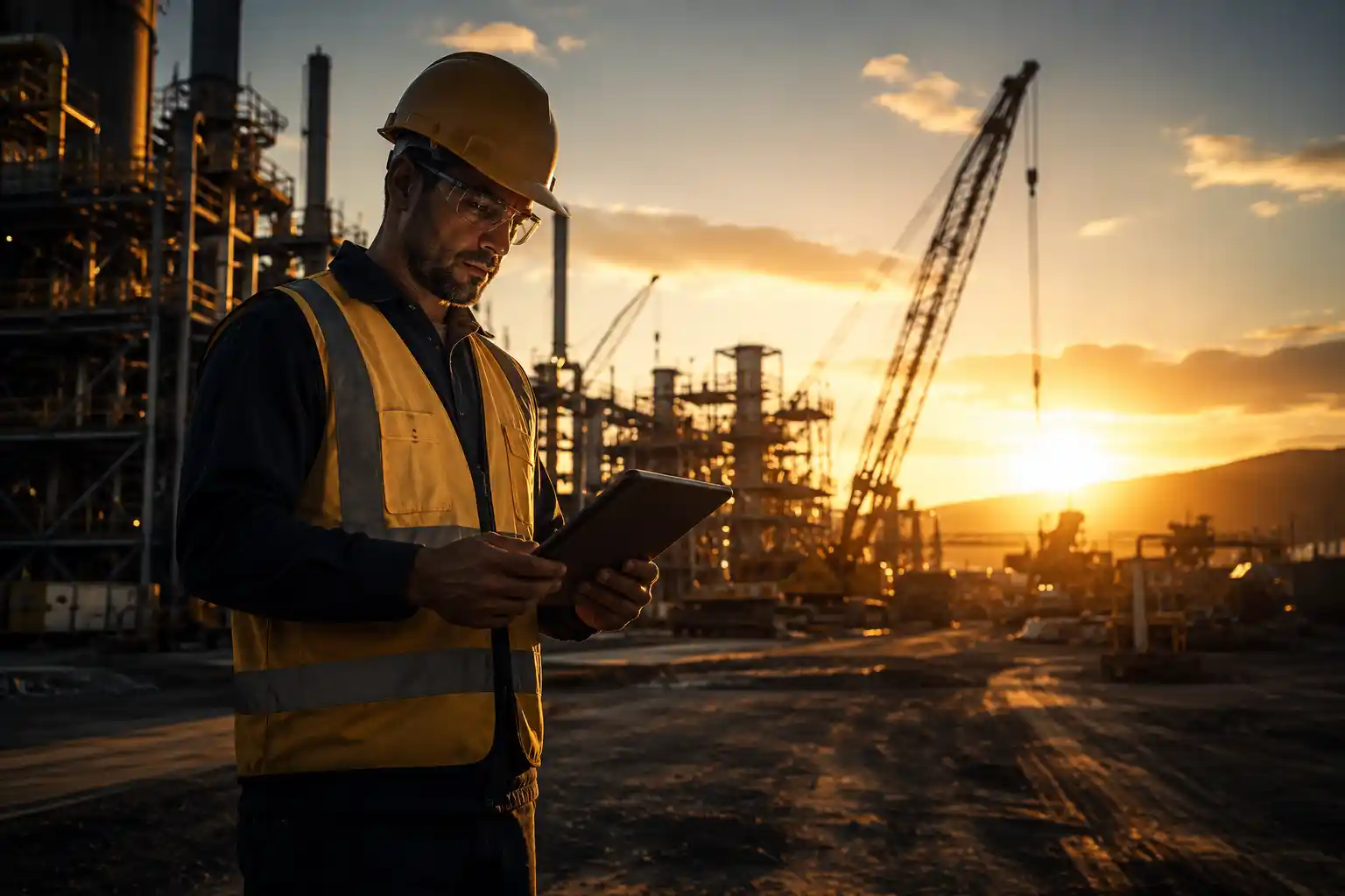 Industrial project environment with technical teams coordinating site activities